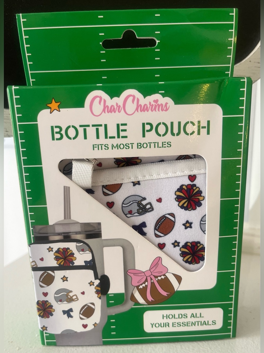 New in box Char Charms Football Print Bottle Pouch - White